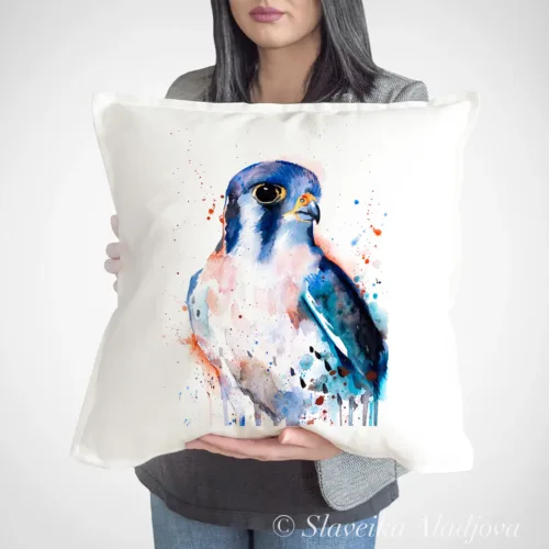 American Kestrel watercolor painting printed on a 50 x 50 cm cotton art pillow cover by Slaveika Aladjova