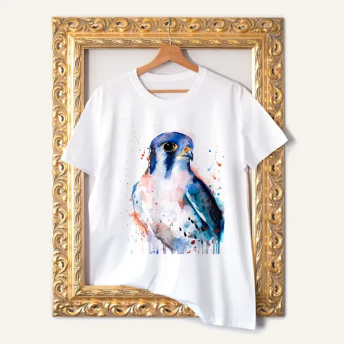 American Kestrel watercolor painting printed on a white cotton T-shirt by Slaveika Aladjova