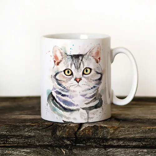American Shorthair Cat watercolor painting printed on an 11 oz ceramic art mug by Slaveika Aladjova