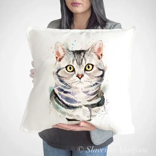 American Shorthair Cat Art Pillow Cover, Watercolor Cushion 50 × 50 cm American Shorthair Cat watercolor painting printed on a 50 x 50 cm cotton art pillow cover by Slaveika Aladjova