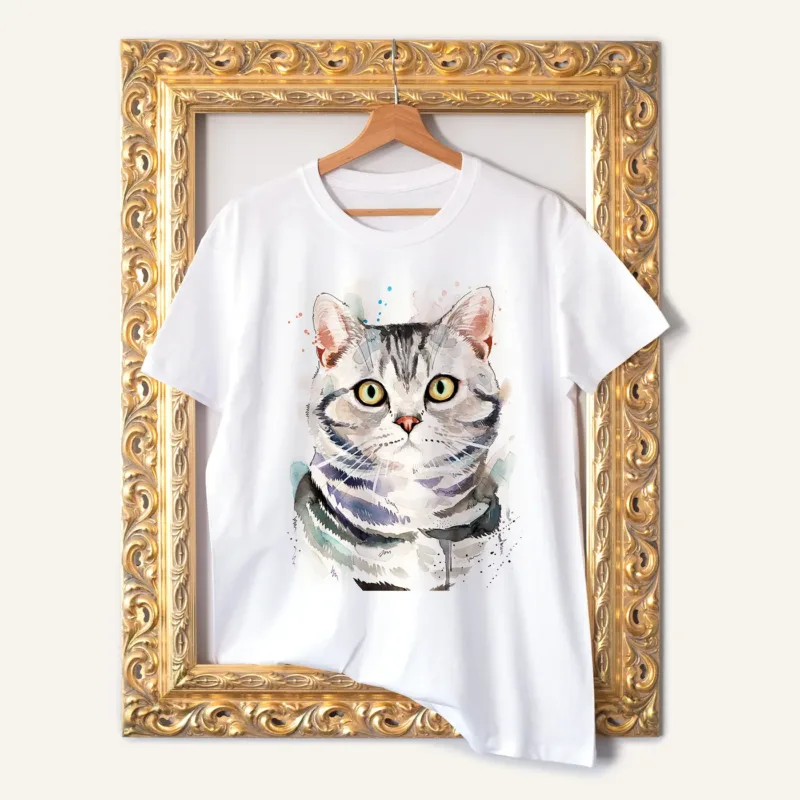 American Shorthair Cat watercolor painting printed on a white cotton T-shirt by Slaveika Aladjova