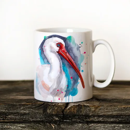 American White Ibis watercolor painting printed on an 11 oz ceramic art mug by Slaveika Aladjova
