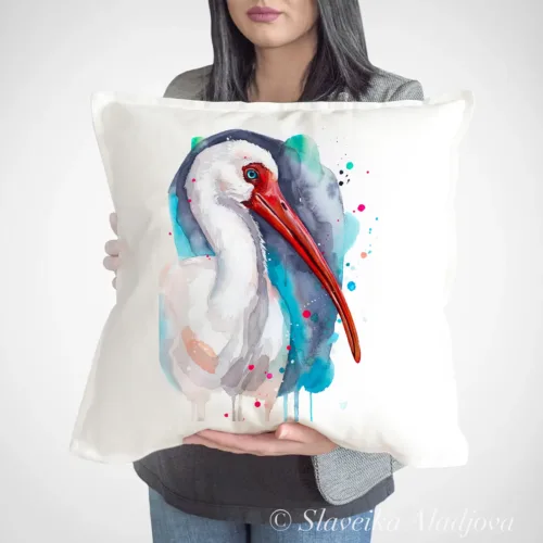 American White Ibis Art Pillow Cover, Watercolor Cushion 50 × 50 cm American White Ibis watercolor painting printed on a 50 x 50 cm cotton art pillow cover by Slaveika Aladjova