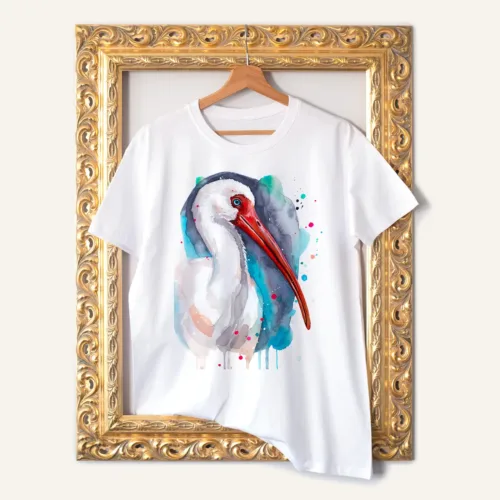 American White Ibis T-Shirt, Watercolor Art Tee American White Ibis watercolor painting printed on a white cotton T-shirt by Slaveika Aladjova