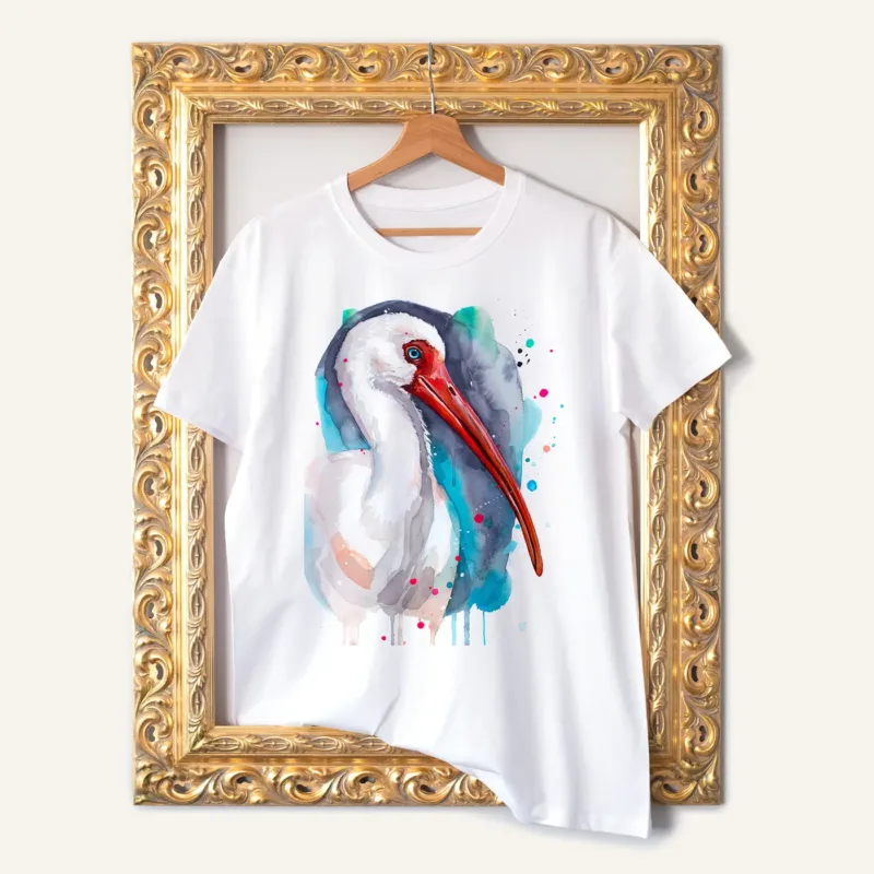 American White Ibis watercolor painting printed on a white cotton T-shirt by Slaveika Aladjova