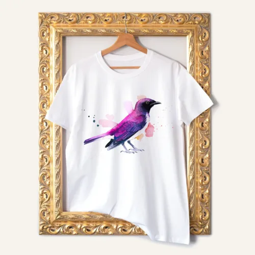 Amethyst Starling T-Shirt, Watercolor Art Tee Amethyst Starling watercolor painting printed on a white cotton T-shirt by Slaveika Aladjova