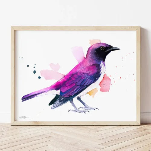 Amethyst Starling watercolor painting the artwork on the T-shirt by Slaveika Aladjova