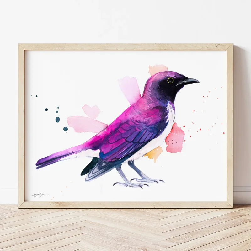 Amethyst Starling watercolor painting the artwork on the T-shirt by Slaveika Aladjova