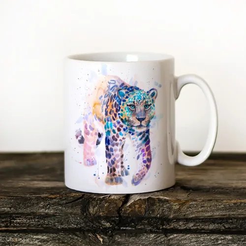 Amur Leopard watercolor painting printed on an 11 oz ceramic art mug by Slaveika Aladjova