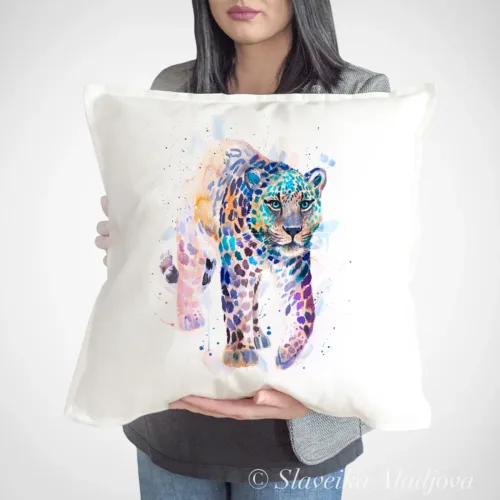 Amur Leopard Art Pillow Cover, Watercolor Cushion 50 × 50 cm Amur Leopard watercolor painting printed on a 50 x 50 cm cotton art pillow cover by Slaveika Aladjova