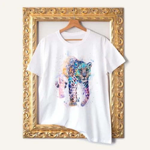 Amur Leopard watercolor painting printed on a white cotton T-shirt by Slaveika Aladjova