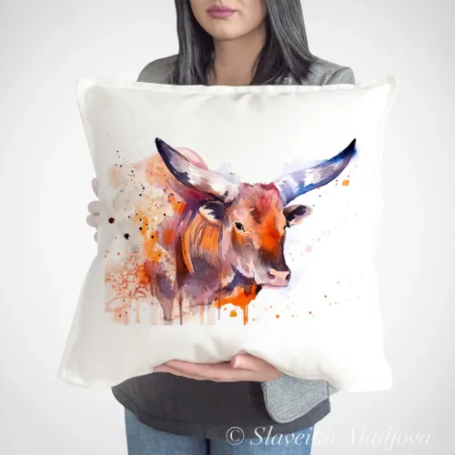 Ankole-Watusi watercolor painting printed on a 50 x 50 cm cotton art pillow cover by Slaveika Aladjova