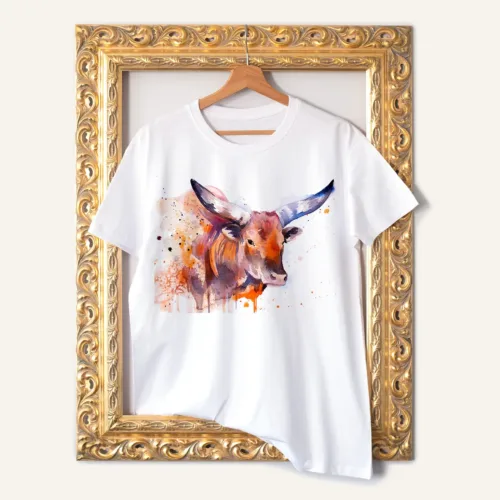 Ankole-Watusi T-Shirt, Watercolor Art Tee Ankole-Watusi watercolor painting printed on a white cotton T-shirt by Slaveika Aladjova