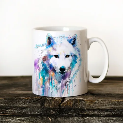 Arctic Wolf Art Mug, Watercolor Ceramic Mug 11 oz Arctic Wolf watercolor painting printed on an 11 oz ceramic art mug by Slaveika Aladjova