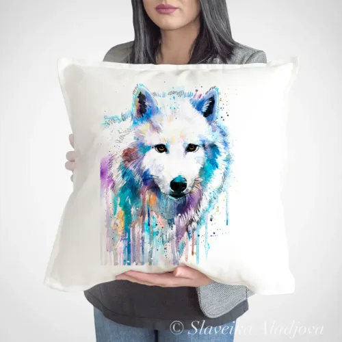 Arctic Wolf watercolor painting printed on a 50 x 50 cm cotton art pillow cover by Slaveika Aladjova