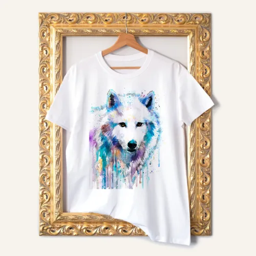 Arctic Wolf watercolor painting printed on a white cotton T-shirt by Slaveika Aladjova