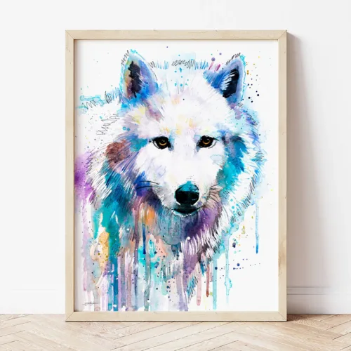 Arctic Wolf watercolor painting the artwork on the T-shirt by Slaveika Aladjova