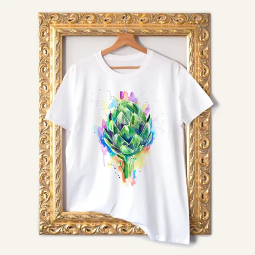 Artichoke T-Shirt, Watercolor Art Tee Artichoke watercolor painting printed on a white cotton T-shirt by Slaveika Aladjova