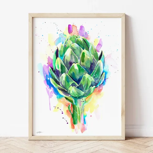 Artichoke watercolor painting the artwork on the T-shirt by Slaveika Aladjova