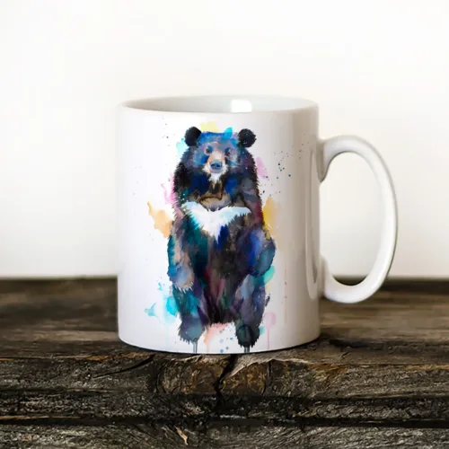 Asian Black Bear Art Mug, Watercolor Ceramic Mug 11 oz Asian Black Bear watercolor painting printed on an 11 oz ceramic art mug by Slaveika Aladjova
