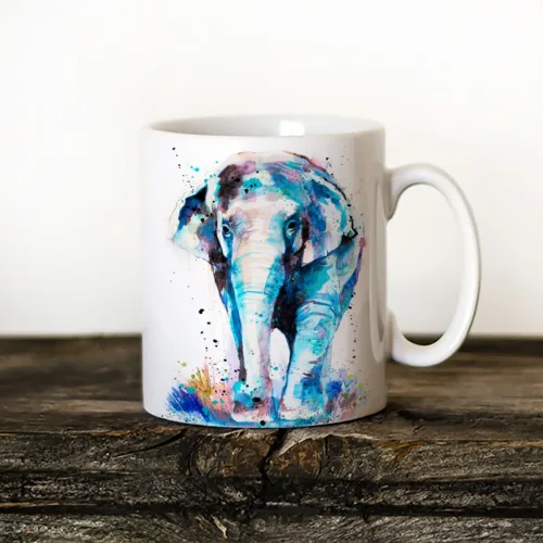 Asian Elephant Art Mug, Watercolor Ceramic Mug 11 oz Asian Elephant watercolor painting printed on an 11 oz ceramic art mug by Slaveika Aladjova