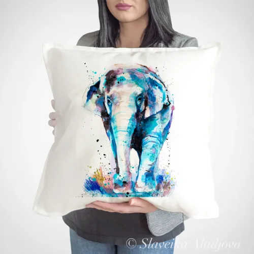 Asian Elephant Art Pillow Cover, Watercolor Cushion 50 × 50 cm Asian Elephant watercolor painting printed on a 50 x 50 cm cotton art pillow cover by Slaveika Aladjova
