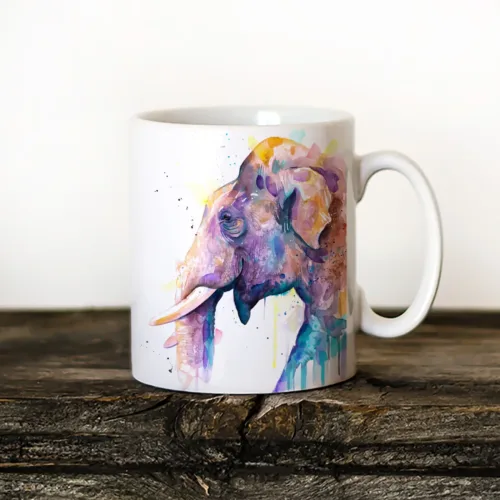 Asian Elephant Head watercolor painting printed on an 11 oz ceramic art mug by Slaveika Aladjova