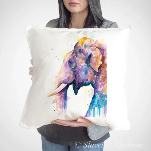 Asian Elephant Head Art Pillow Cover, Watercolor Cushion 50 × 50 cm Asian Elephant Head watercolor painting printed on a 50 x 50 cm cotton art pillow cover by Slaveika Aladjova