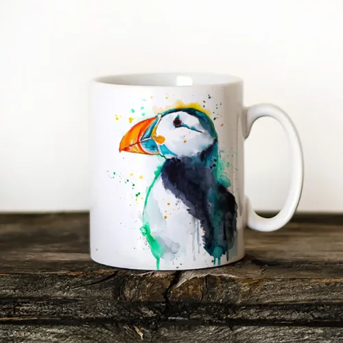 Atlantic Puffin Art Mug, Watercolor Ceramic Mug 11 oz Atlantic Puffin watercolor painting printed on an 11 oz ceramic art mug by Slaveika Aladjova