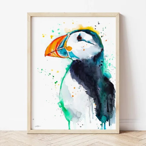 Atlantic puffin watercolor painting by Slaveika Aladjova, the artwork on the T-shirt