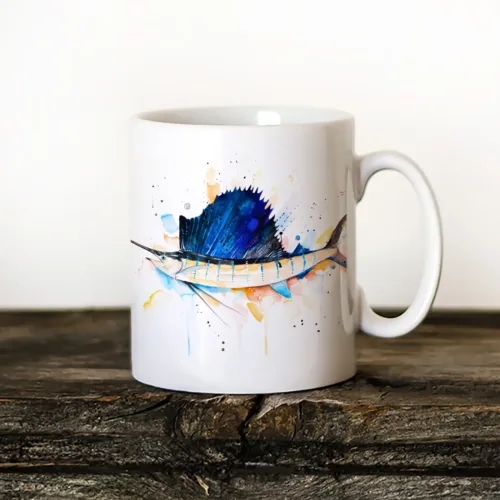 Atlantic Sailfish Art Mug, Watercolor Ceramic Mug 11 oz Atlantic Sailfish watercolor painting printed on an 11 oz ceramic art mug by Slaveika Aladjova