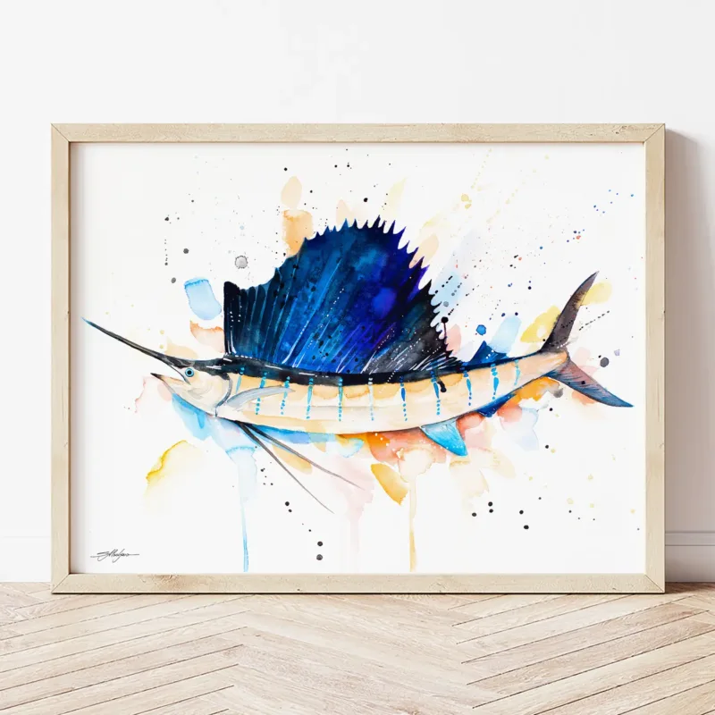 Atlantic Sailfish watercolor painting the artwork on the T-shirt by Slaveika Aladjova