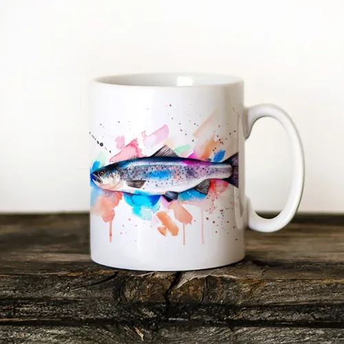 Atlantic Salmon Art Mug, Watercolor Ceramic Mug 11 oz Atlantic Salmon watercolor painting printed on an 11 oz ceramic art mug by Slaveika Aladjova
