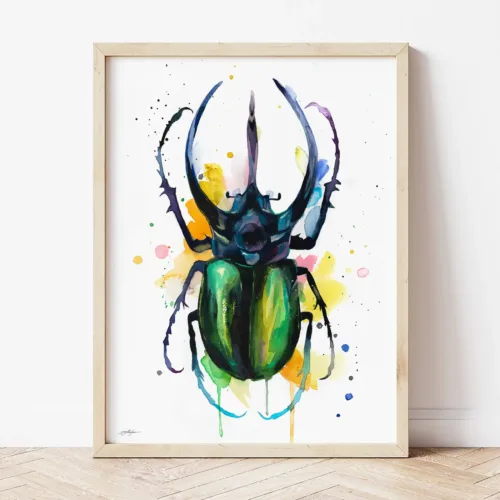 Atlas Beetle watercolor painting the artwork on the T-shirt by Slaveika Aladjova