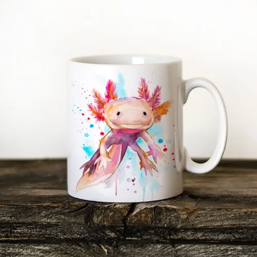 Axolotl watercolor painting printed on an 11 oz ceramic art mug by Slaveika Aladjova