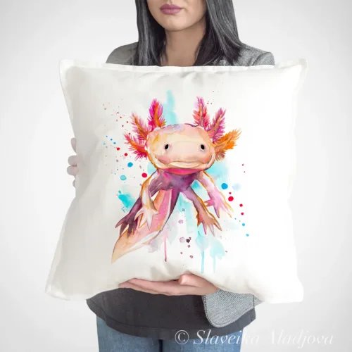 Axolotl Art Pillow Cover, Watercolor Cushion 50 × 50 cm Axolotl watercolor painting printed on a 50 x 50 cm cotton art pillow cover by Slaveika Aladjova