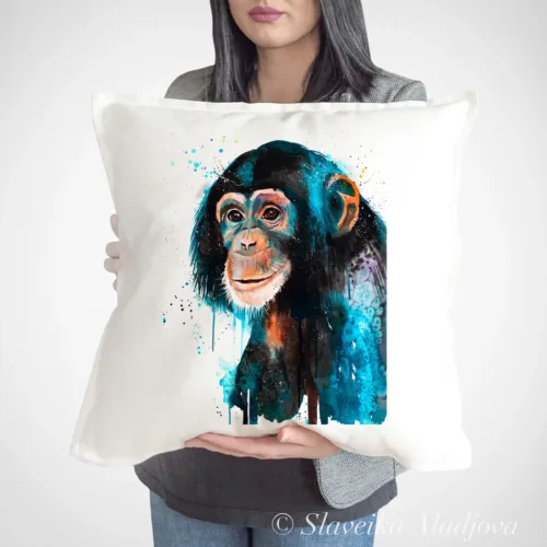 Baby Chimpanzee watercolor painting printed on a 50 x 50 cm cotton art pillow cover by Slaveika Aladjova