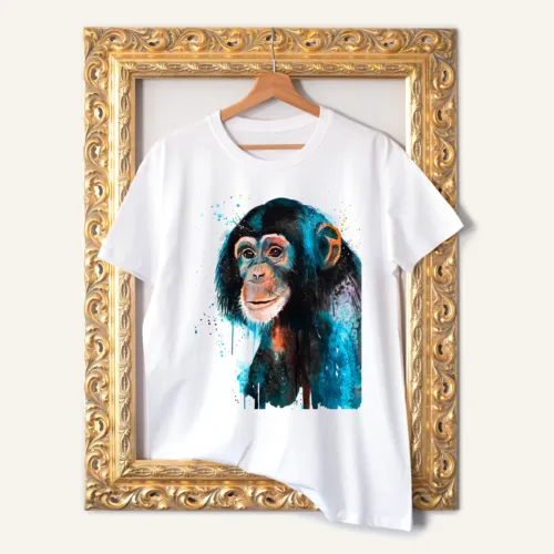 Baby Chimpanzee T-Shirt, Watercolor Art Tee Baby Chimpanzee watercolor painting printed on a white cotton T-shirt by Slaveika Aladjova