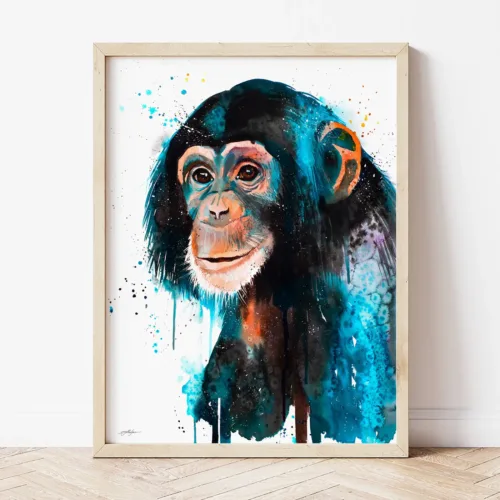 Baby Chimpanzee watercolor painting the artwork on the T-shirt by Slaveika Aladjova