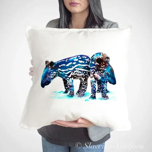 Baby Tapirs Art Pillow Cover, Watercolor Cushion 50 × 50 cm Baby Tapirs watercolor painting printed on a 50 x 50 cm cotton art pillow cover by Slaveika Aladjova