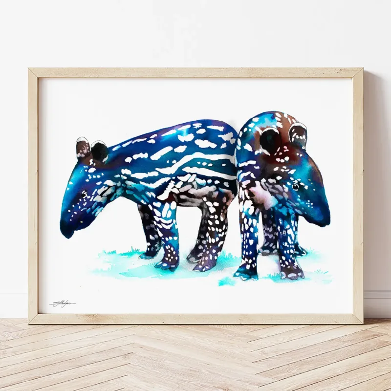 Baby Tapirs watercolor painting the artwork on the T-shirt by Slaveika Aladjova