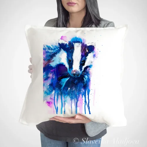 Badger Art Pillow Cover, Watercolor Cushion 50 × 50 cm Badger watercolor painting printed on a 50 x 50 cm cotton art pillow cover by Slaveika Aladjova