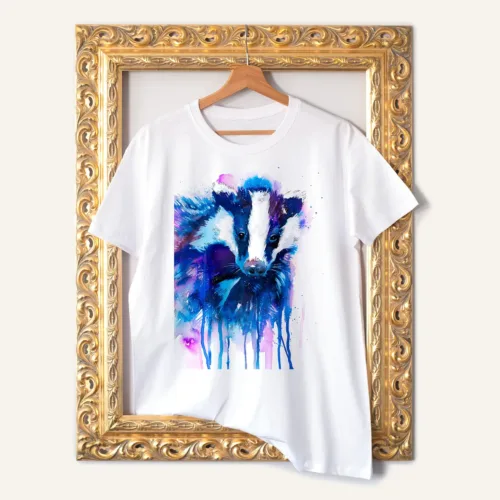 Badger T-Shirt, Watercolor Art Tee Badger watercolor painting printed on a white cotton T-shirt by Slaveika Aladjova