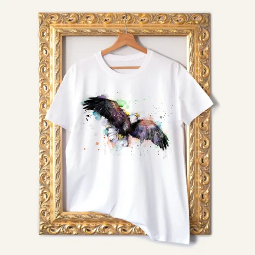 Bald Eagle watercolor painting printed on a white cotton T-shirt by Slaveika Aladjova