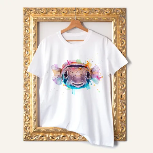 Balloonfish T-Shirt, Watercolor Art Tee Balloonfish watercolor painting printed on a white cotton T-shirt by Slaveika Aladjova