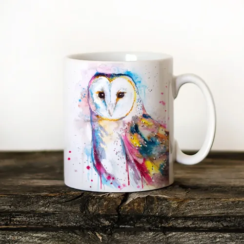 Barn Owl watercolor painting printed on an 11 oz ceramic art mug by Slaveika Aladjova