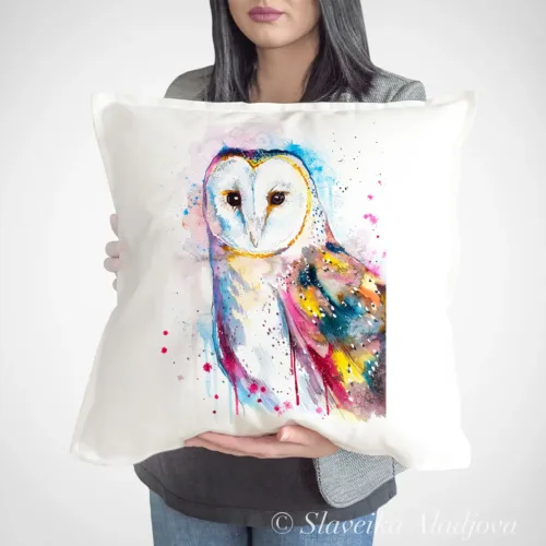 Barn Owl Art Pillow Cover, Watercolor Cushion 50 × 50 cm Barn Owl watercolor painting printed on a 50 x 50 cm cotton art pillow cover by Slaveika Aladjova
