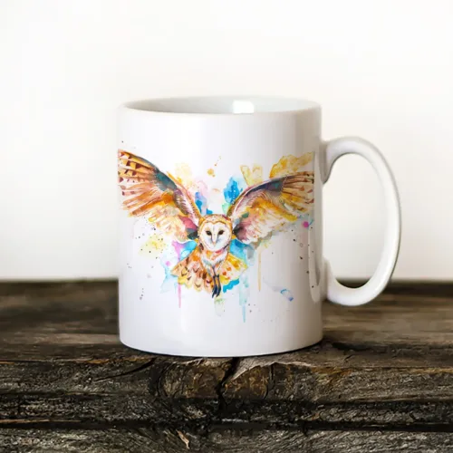 Barn Owl in Flight Art Mug, Watercolor Ceramic Mug 11 oz Barn Owl in Flight watercolor painting printed on an 11 oz ceramic art mug by Slaveika Aladjova