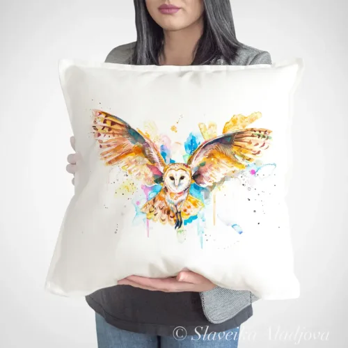 Barn Owl in Flight watercolor painting printed on a 50 x 50 cm cotton art pillow cover by Slaveika Aladjova