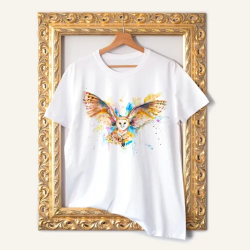 Barn Owl in Flight watercolor painting printed on a white cotton T-shirt by Slaveika Aladjova